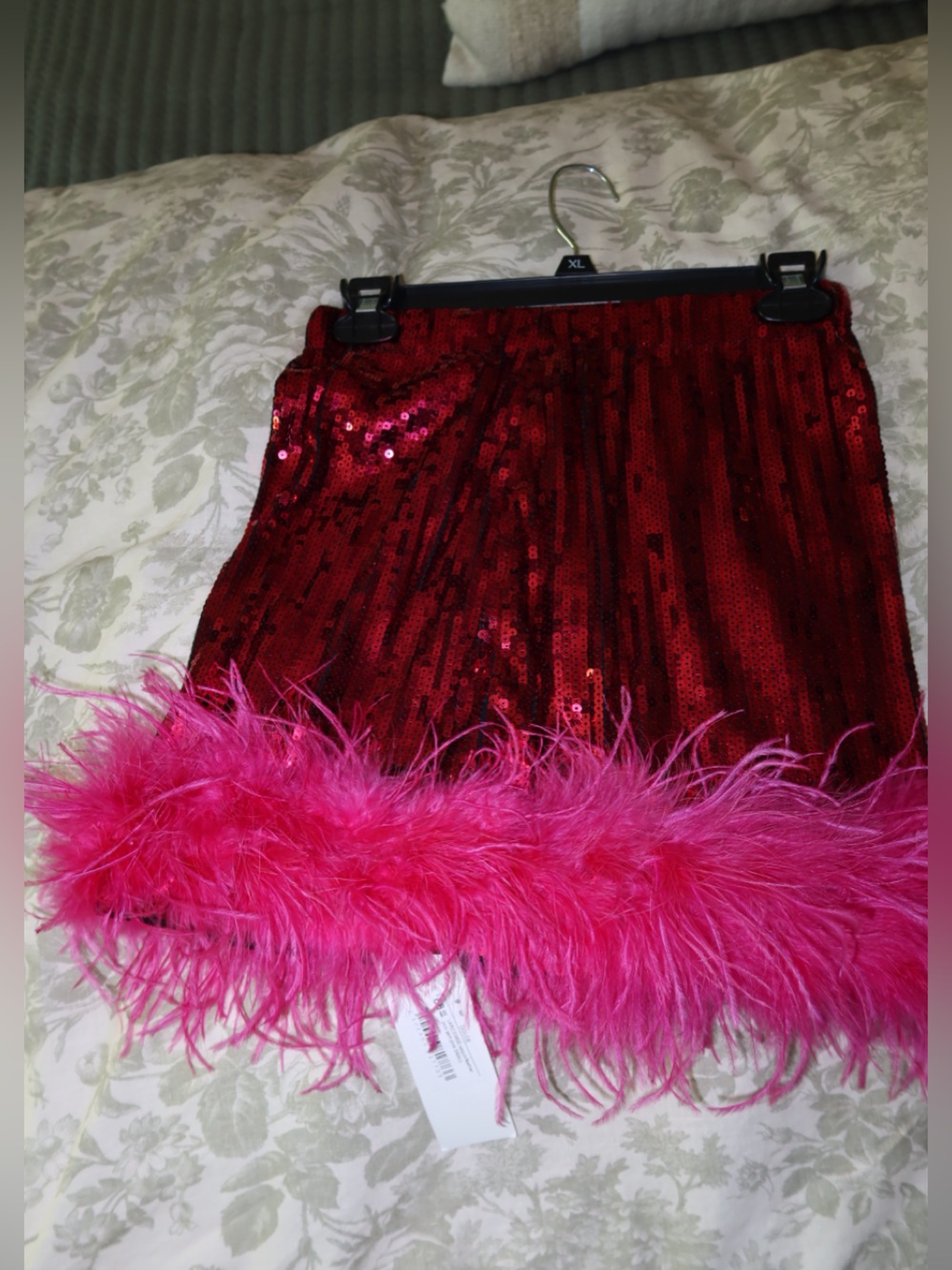 Sequin Mini Skirt with Feather Trim - Red & Hot Pink